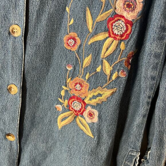 Vintage Floral Embroidered Cotton Country Denim Overshirt Button-Down Top, M - Picture 4 of 11